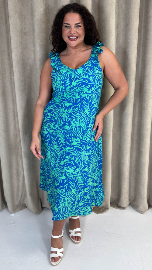 CurveWow Frill V-Neck Summer Dress Blue & Green Palm