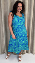 CurveWow Frill V-Neck Summer Dress Blue & Green Palm