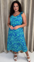 CurveWow Frill V-Neck Summer Dress Blue & Green Palm