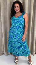 CurveWow Frill V-Neck Summer Dress Blue & Green Palm