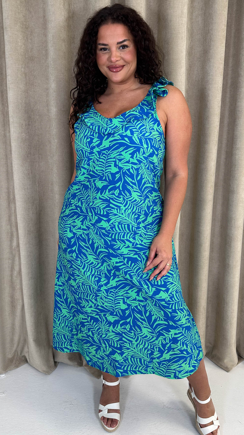 CurveWow Frill V-Neck Summer Dress Blue & Green Palm
