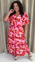 CurveWow Angel Sleeve Button Front Dress Abstract Floral