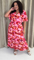 CurveWow Angel Sleeve Button Front Dress Abstract Floral