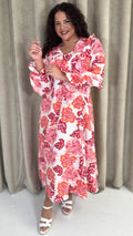 CurveWow Frill Sleeve Maxi Dress Cream & Red Floral
