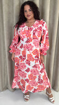 CurveWow Frill Sleeve Maxi Dress Cream & Red Floral
