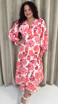 CurveWow Frill Sleeve Maxi Dress Cream & Red Floral