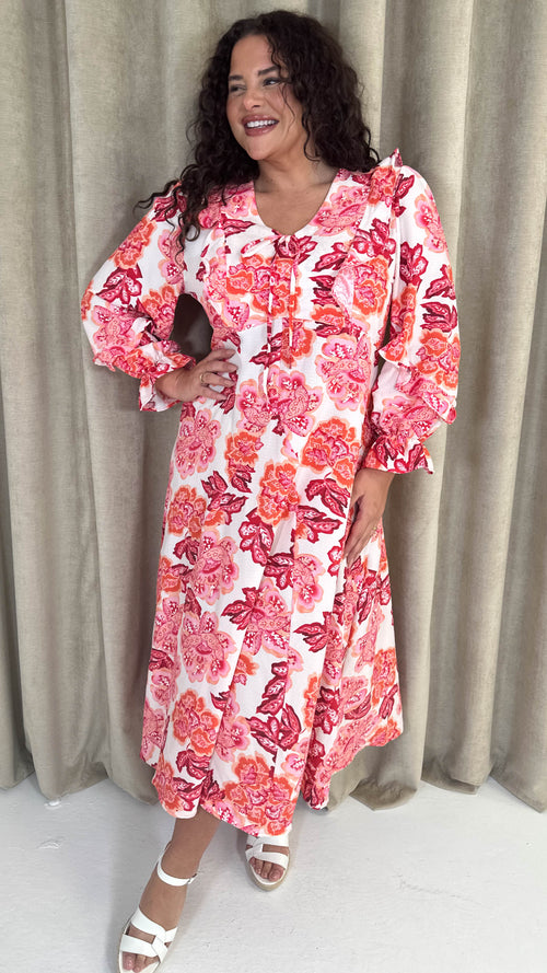 CurveWow Frill Sleeve Maxi Dress Cream & Red Floral