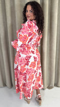 CurveWow Frill Sleeve Maxi Dress Cream & Red Floral