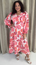 CurveWow Frill Sleeve Maxi Dress Cream & Red Floral