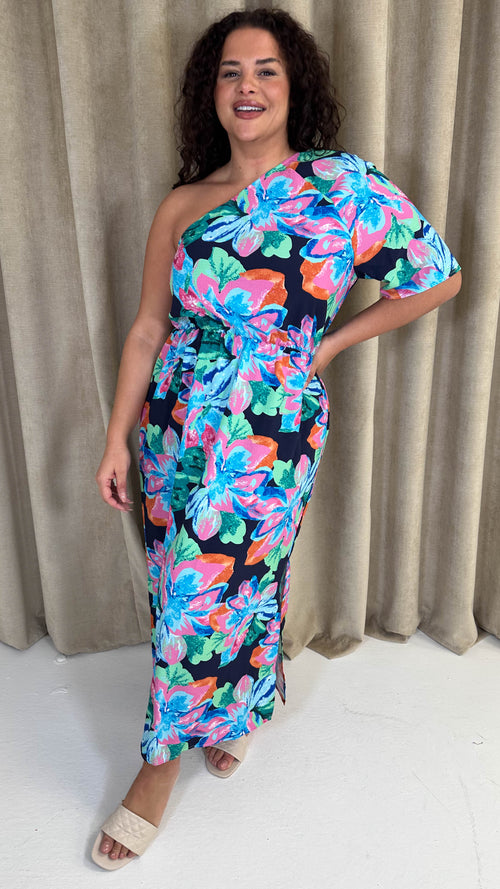 CurveWow One Shoulder Printed Maxi Dress Multi Floral
