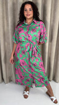 CurveWow Floral Tie Waist Shirt Dress Pink & Green Floral