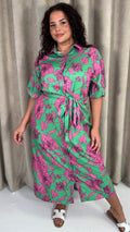 CurveWow Floral Tie Waist Shirt Dress Pink & Green Floral