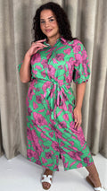 CurveWow Floral Tie Waist Shirt Dress Pink & Green Floral