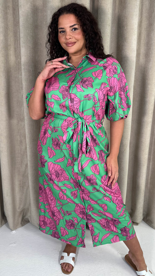 CurveWow Floral Tie Waist Shirt Dress Pink & Green Floral