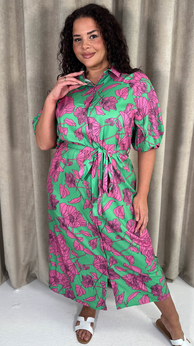 CurveWow Floral Tie Waist Shirt Dress Pink & Green Floral