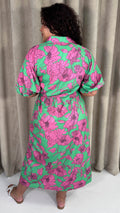 CurveWow Floral Tie Waist Shirt Dress Pink & Green Floral