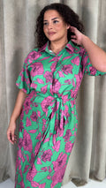 CurveWow Floral Tie Waist Shirt Dress Pink & Green Floral