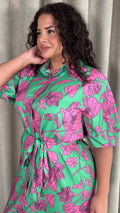 CurveWow Floral Tie Waist Shirt Dress Pink & Green Floral
