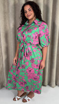 CurveWow Floral Tie Waist Shirt Dress Pink & Green Floral