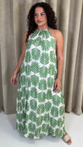 CurveWow Racer Swing Maxi Dress Green Leaf