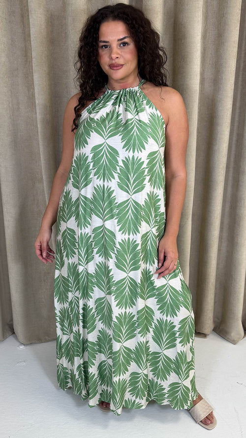 CurveWow Racer Swing Maxi Dress Green Leaf
