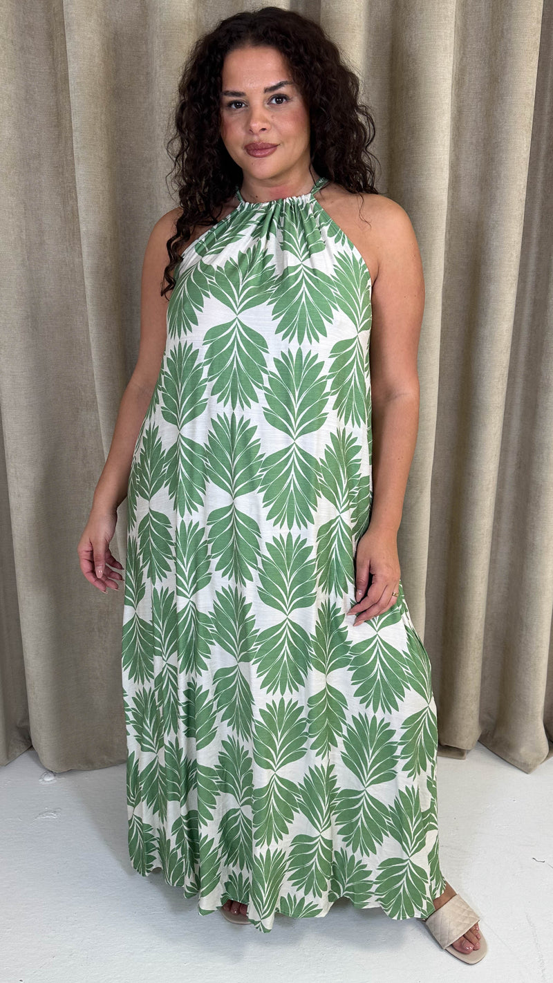CurveWow Racer Swing Maxi Dress Green Leaf