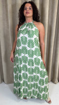 CurveWow Racer Swing Maxi Dress Green Leaf
