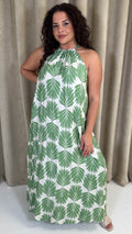 CurveWow Racer Swing Maxi Dress Green Leaf
