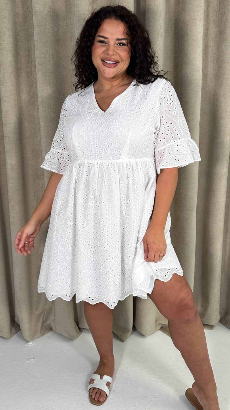 CurveWow Frill Sleeve Broderie Smock Dress White
