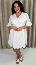 CurveWow Frill Sleeve Broderie Smock Dress White
