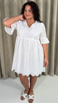CurveWow Frill Sleeve Broderie Smock Dress White