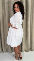 CurveWow Frill Sleeve Broderie Smock Dress White