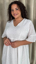 CurveWow Frill Sleeve Broderie Smock Dress White