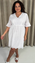 CurveWow Frill Sleeve Broderie Smock Dress White