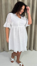 CurveWow Frill Sleeve Broderie Smock Dress White
