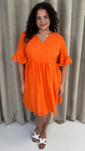 CurveWow Frill Sleeve Broderie Smock Dress Orange