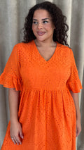 CurveWow Frill Sleeve Broderie Smock Dress Orange
