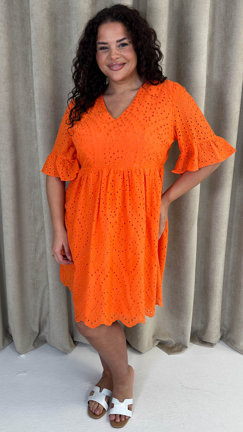 CurveWow Frill Sleeve Broderie Smock Dress Orange