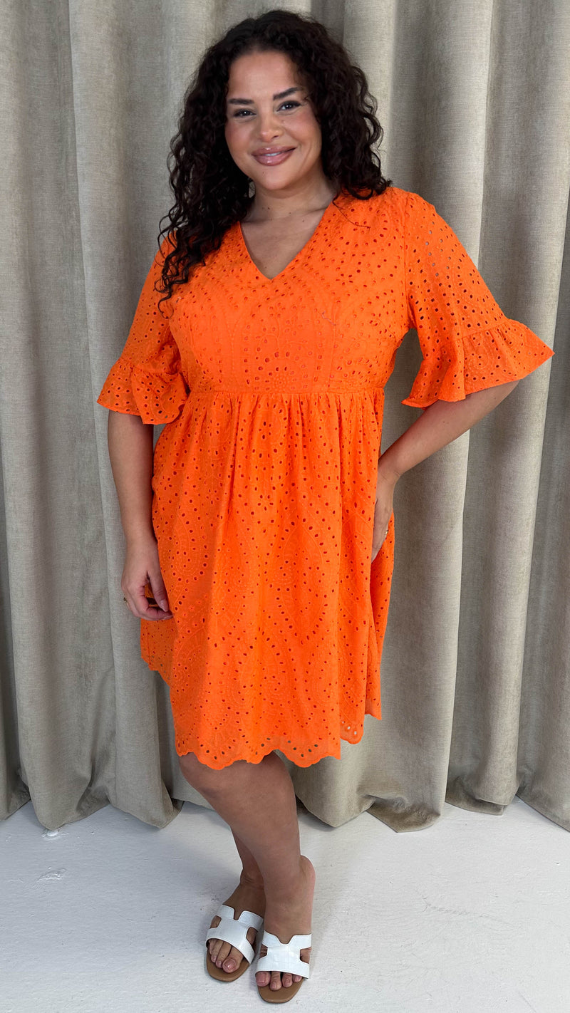 CurveWow Frill Sleeve Broderie Smock Dress Orange