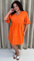 CurveWow Frill Sleeve Broderie Smock Dress Orange