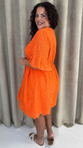 CurveWow Frill Sleeve Broderie Smock Dress Orange