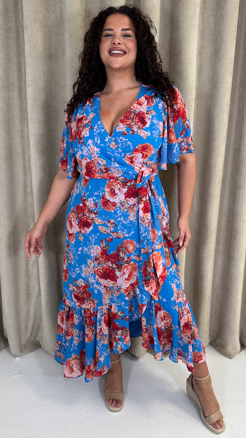 CurveWow Asymmetric Wrap Dress Blue Floral