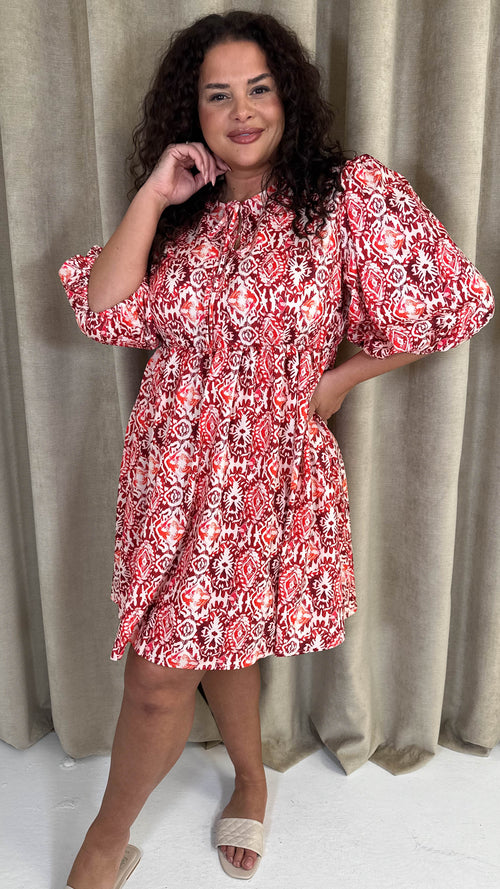 CurveWow Printed Smock Dress Red
