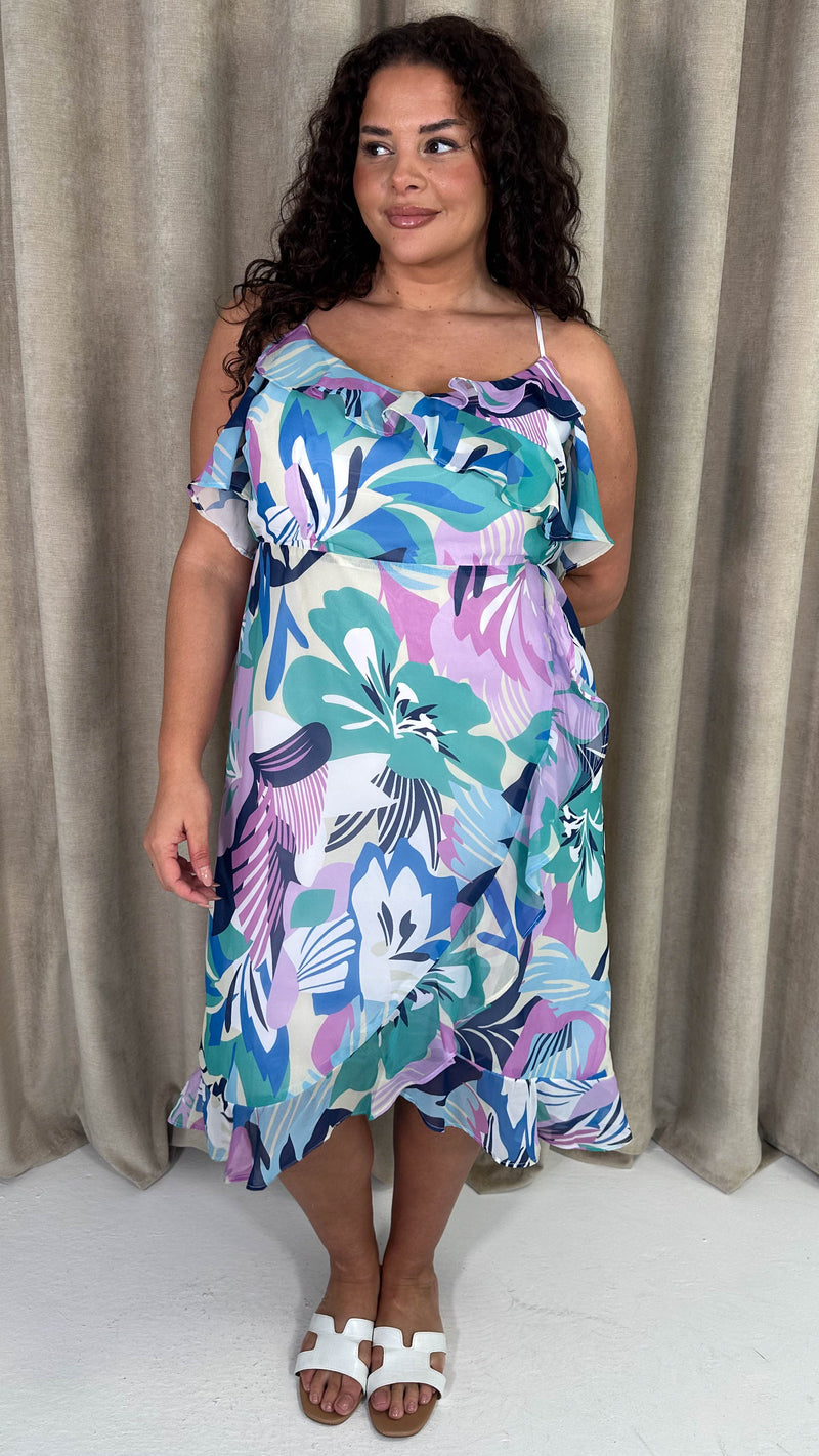 CurveWow Floral Frill Cold Shoulder Dress Multi Floral