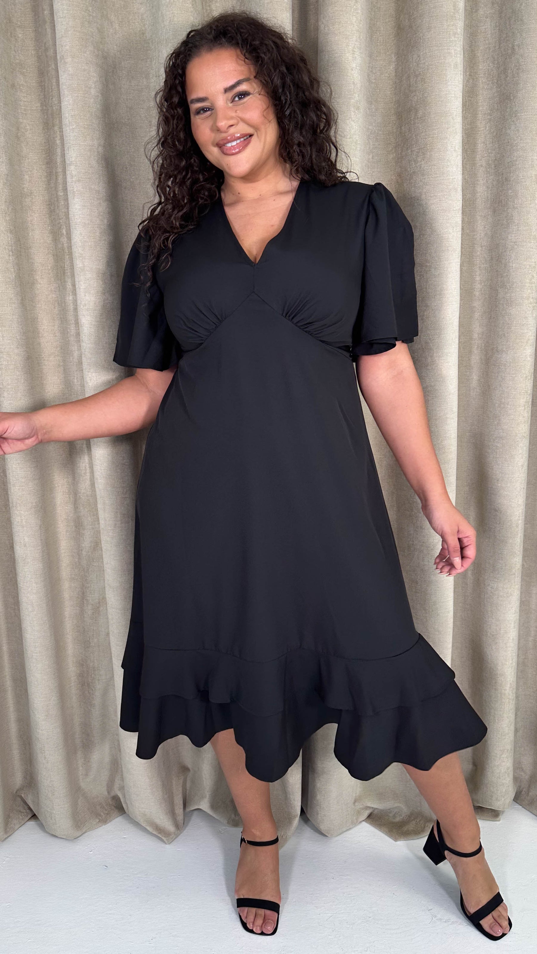 frill hem midi dress black Asymmetric Ruffle Hem Midi Dress Women High Neck Short Sleeve
