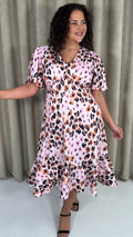 CurveWow Frill Hem Midi Dress Pink Animal