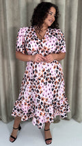 CurveWow Frill Hem Midi Dress Pink Animal