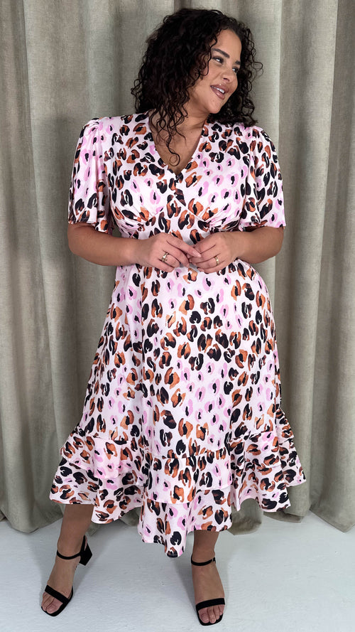 CurveWow Frill Hem Midi Dress Pink Animal