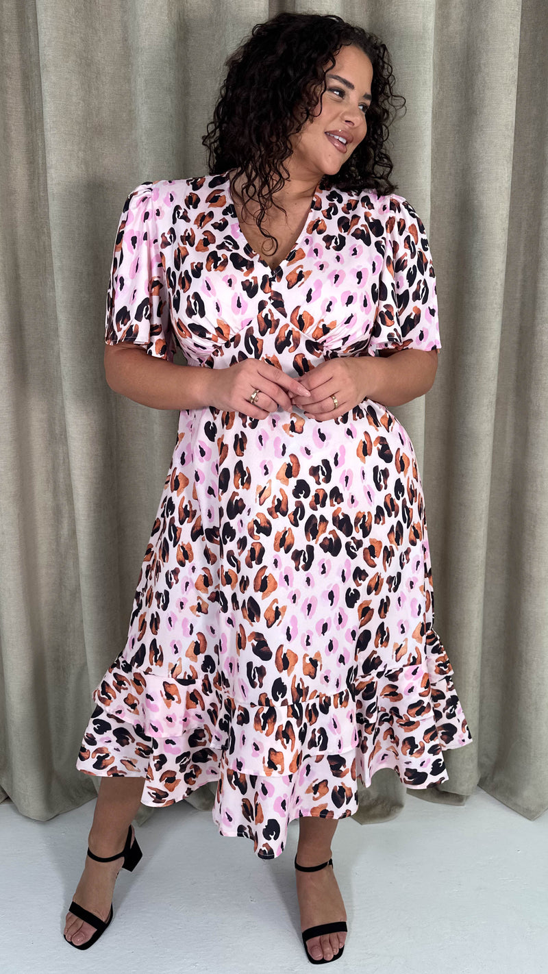 CurveWow Frill Hem Midi Dress Pink Animal