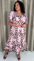 CurveWow Frill Hem Midi Dress Pink Animal